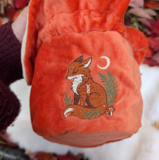 Fox Plush Dice Bag - Deep Red - Orange & Cream Drawstring Pouch with Embroidered Fox - Fennek and Finch