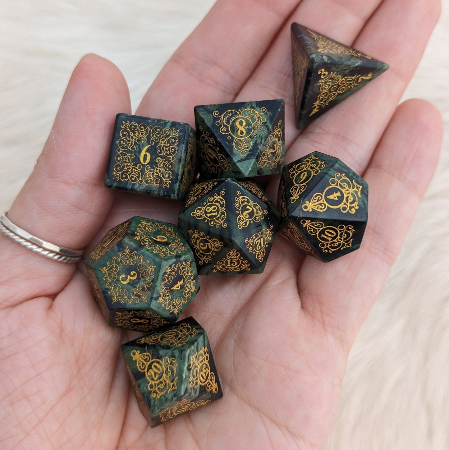 Garden Gate Jasper Gemstone Dice Set – 7 - Piece DnD Dice | Fennek & Finch - Fennek and Finch