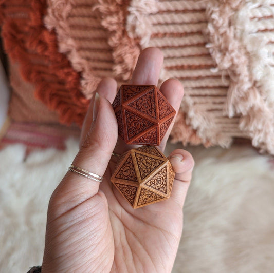 A Handsome Pair of Garden Gate Wood D20s Dice sets Fennek and Finch