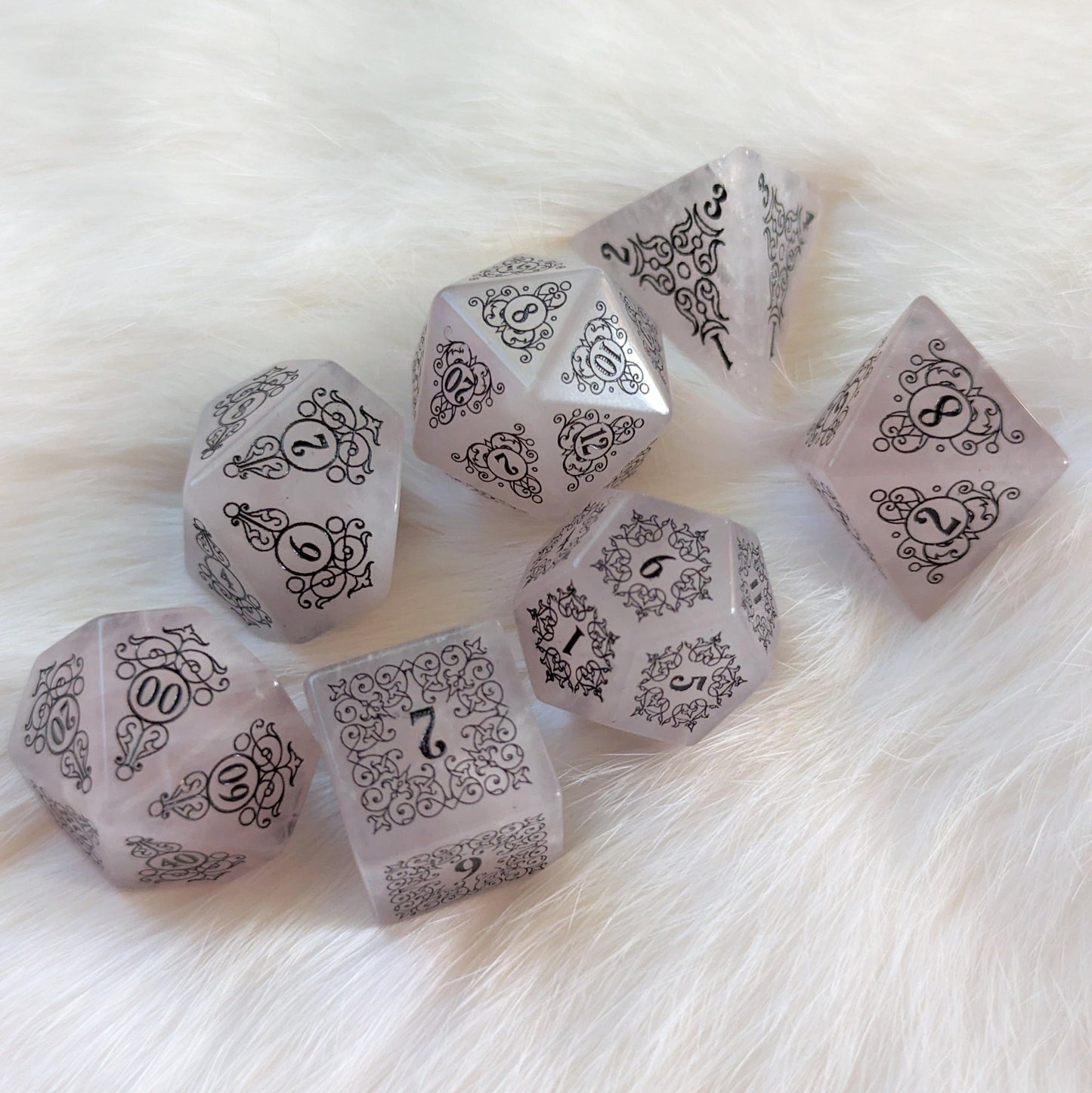 Garden Gate Rose Quartz Gemstone Dice Set – 7 - Piece DnD Dice | Fennek & Finch - Fennek and Finch