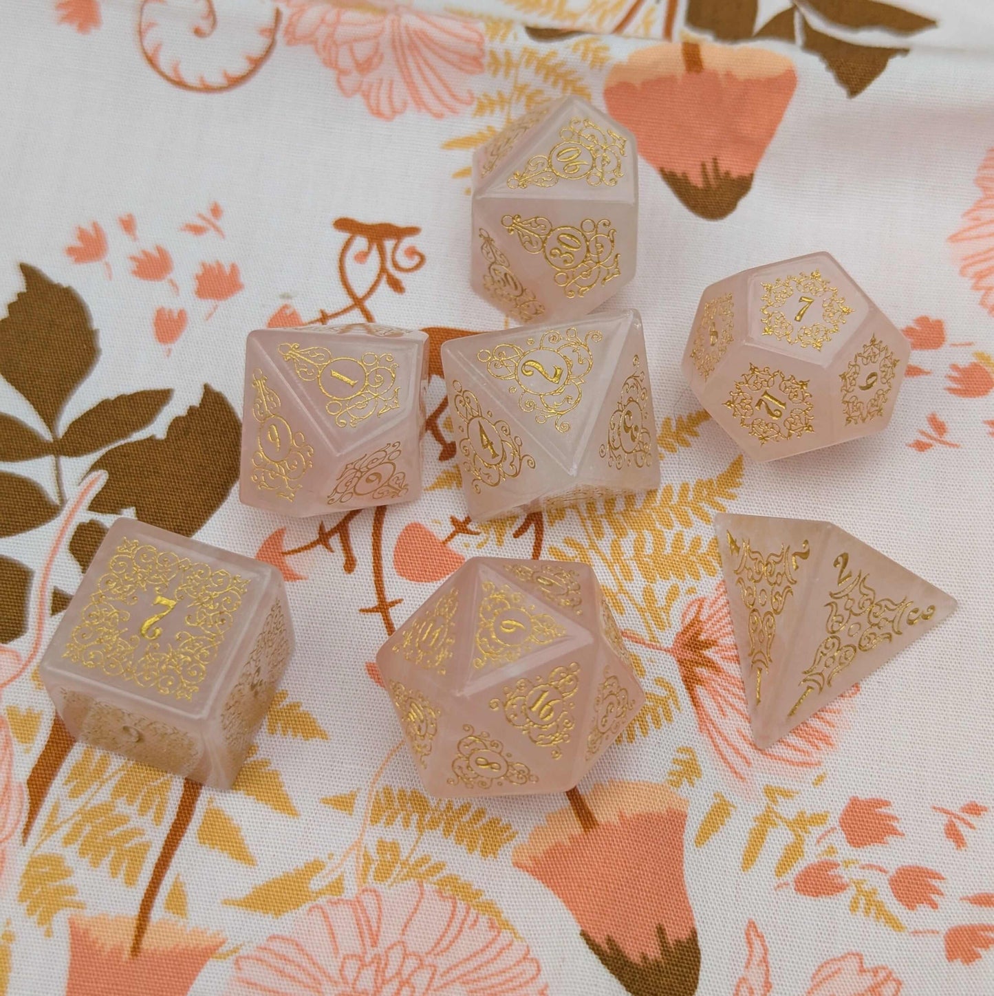 Garden Gate Rose Quartz Gemstone Dice Set - Gold Font Dice Sets & Games Fennek and Finch