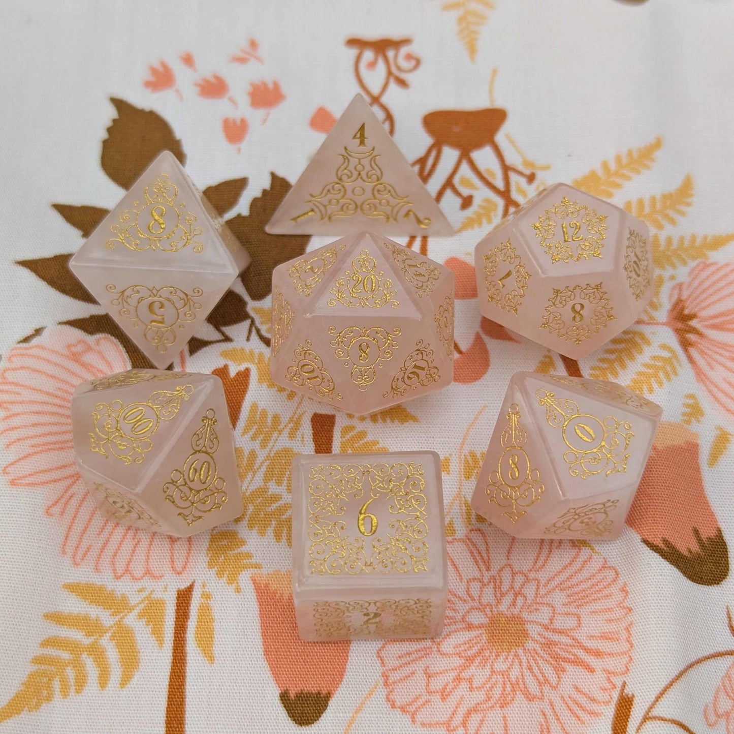 Garden Gate Rose Quartz Gemstone Dice Set - Gold Font Dice Sets & Games Fennek and Finch