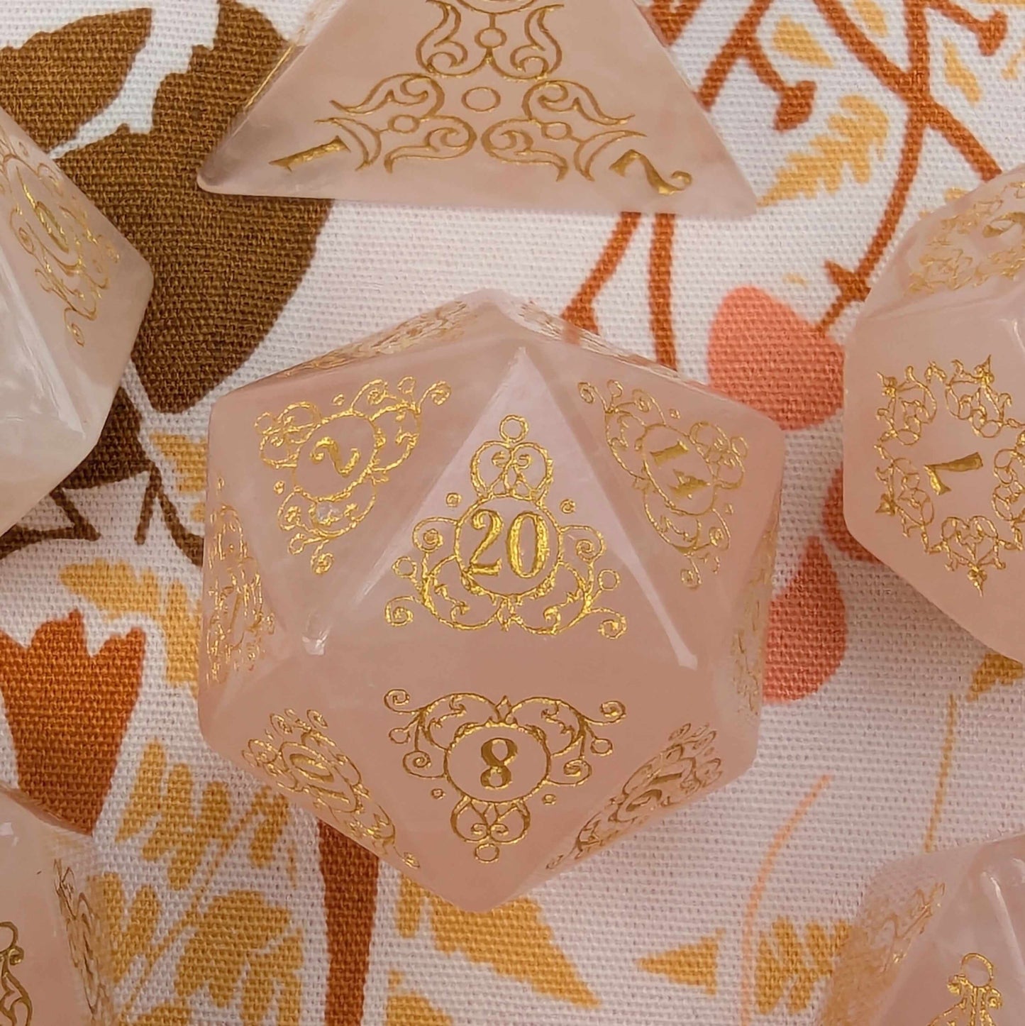Garden Gate Rose Quartz Gemstone Dice Set - Gold Font Dice Sets & Games Fennek and Finch