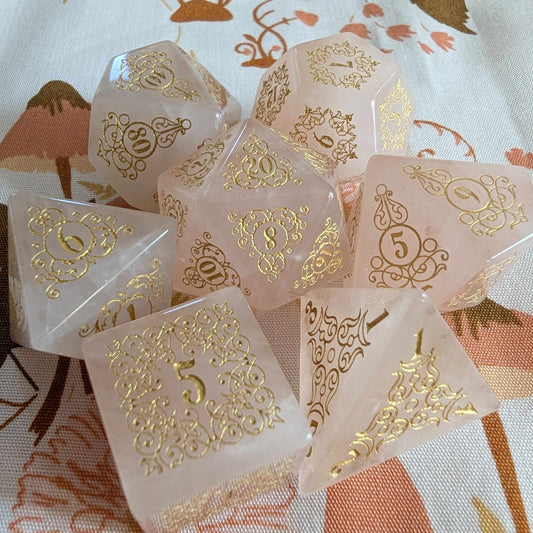 Garden Gate Rose Quartz Gemstone Dice Set - Gold Font Dice Sets & Games Fennek and Finch