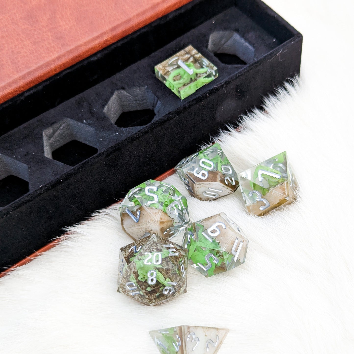 Green Dragon Sharp Edge DnD Dice Set with Miniature Dragons Inside, 7-Piece Polyhedral for Role-Playing Games