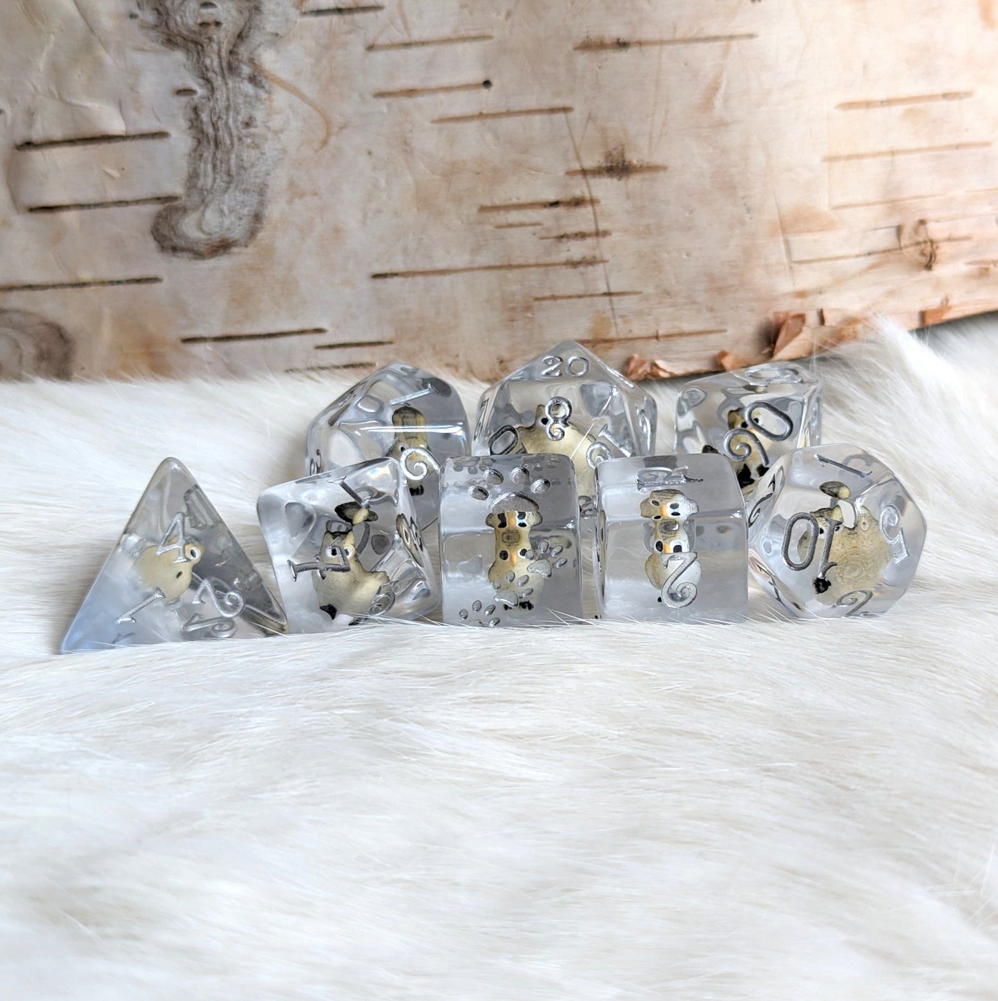Horned Owl Dice Set, 8-piece animal-themed dice with miniature owls in clear resin and blue-silver layers, ideal for TTRPG games.