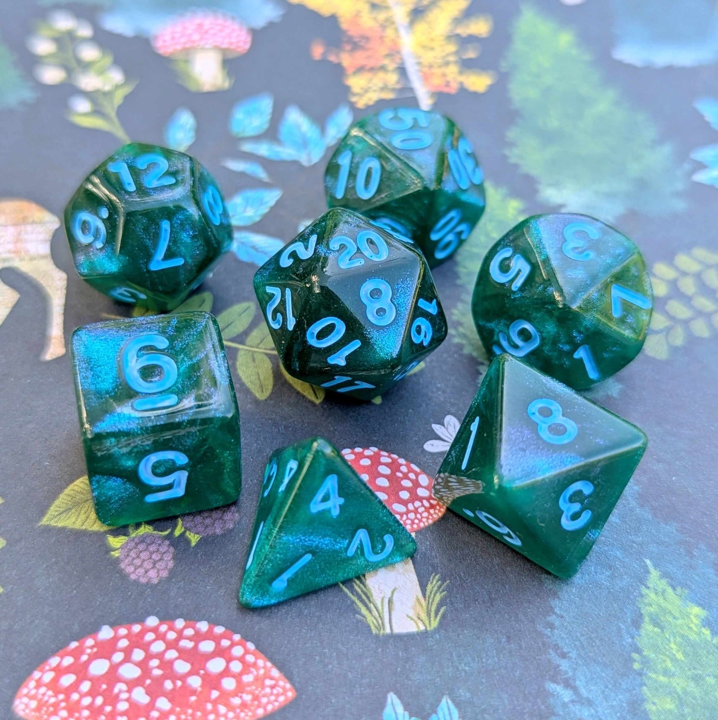 Lake Bottom Dice Set. Sparkly blue and green TTRPG Dice Dice sets Fennek and Finch