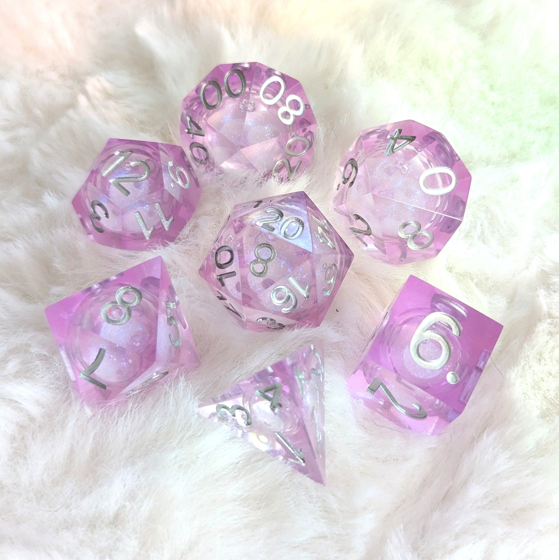 Lavender Liquid Core Sharp Edge DnD Dice Set | Purple Resin Dice with Shimmer Dice Sets & Games Fennek and Finch