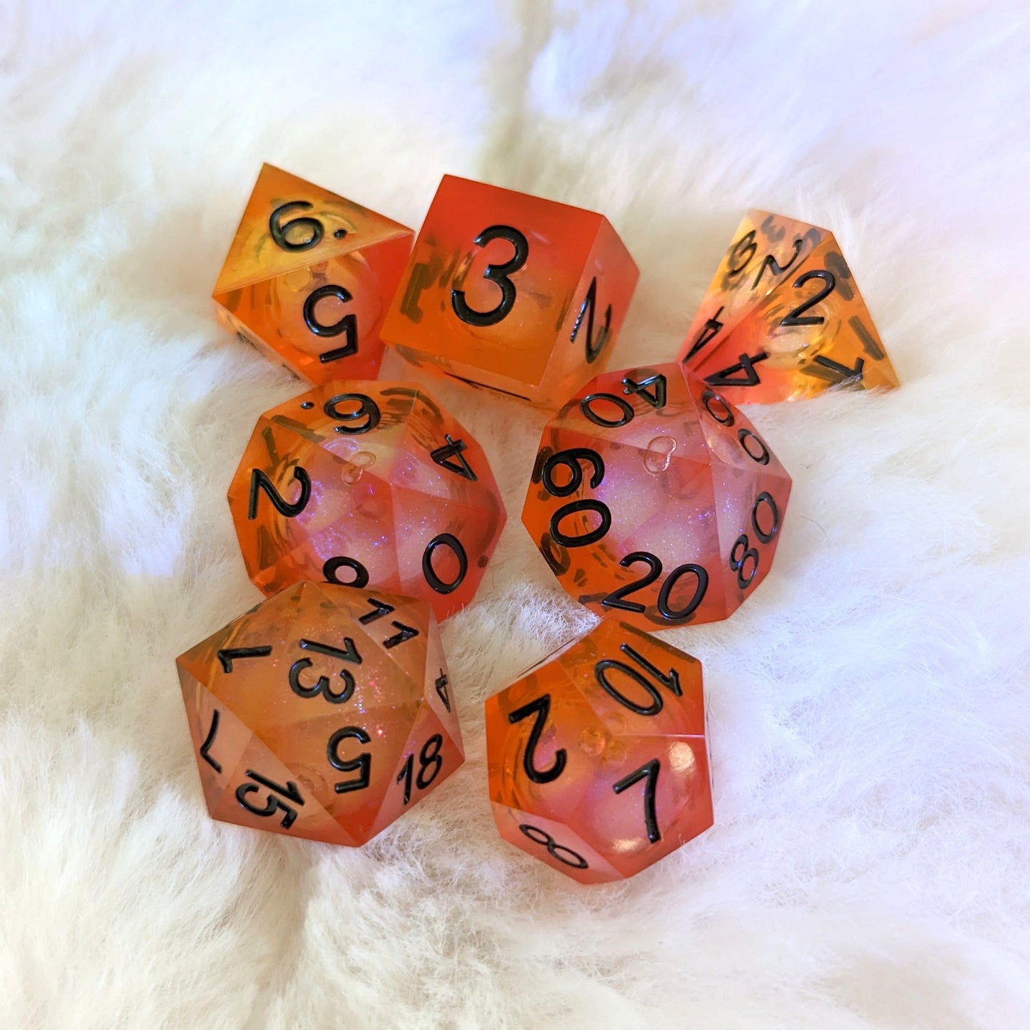 Liquid Fire Dice Set | Red and Orange Liquid Core Sharp Edge DnD Dice | Fennek & Finch Dice Sets & Games Fennek and Finch