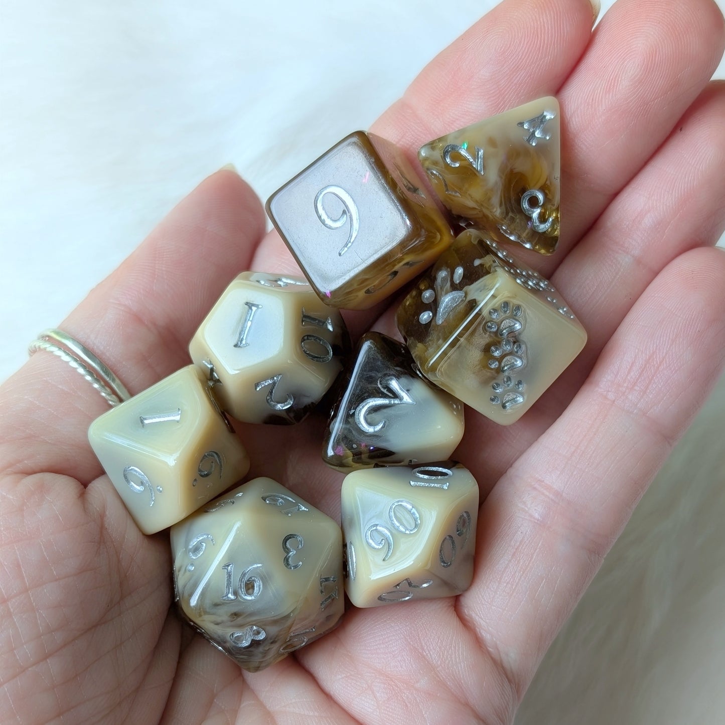 Magic Brew Coffee Dice Set. Brown and cream resin, with Glitter and Foil