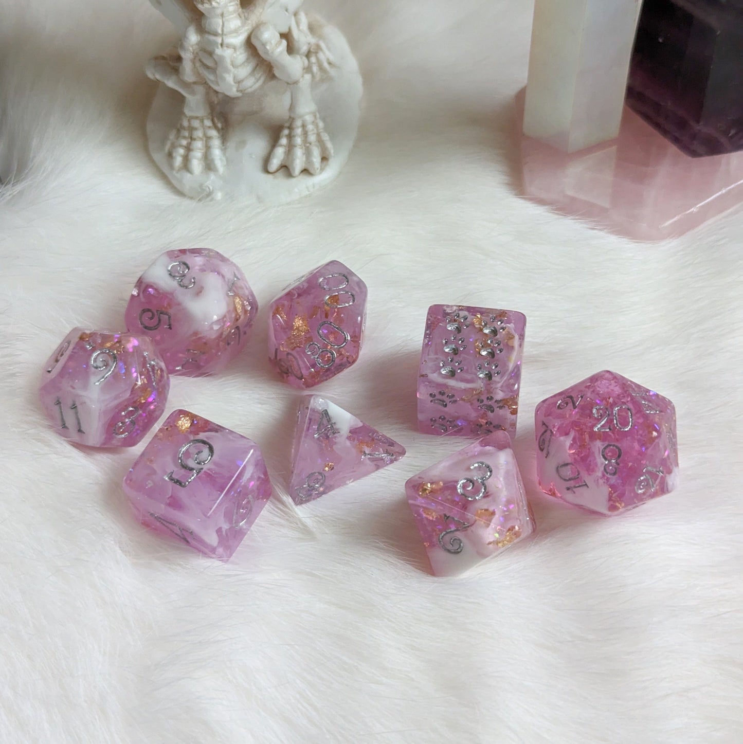 Mauve 8 Piece Dice Set. Clear Pink Purple and White Marble, with Glitter and Foil Dice sets Fennek and Finch