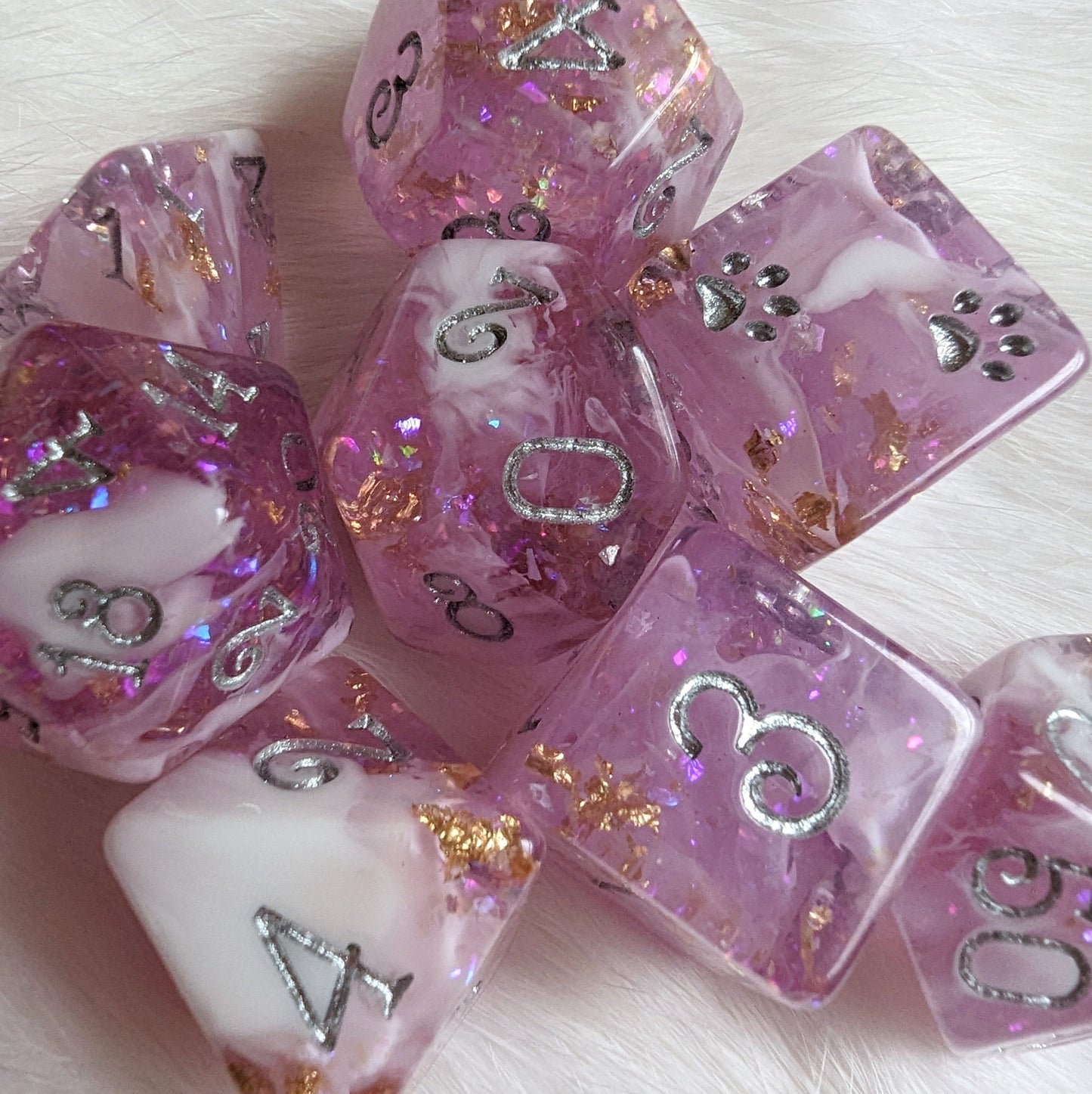 Mauve 8 Piece Dice Set. Clear Pink Purple and White Marble, with Glitter and Foil Dice sets Fennek and Finch