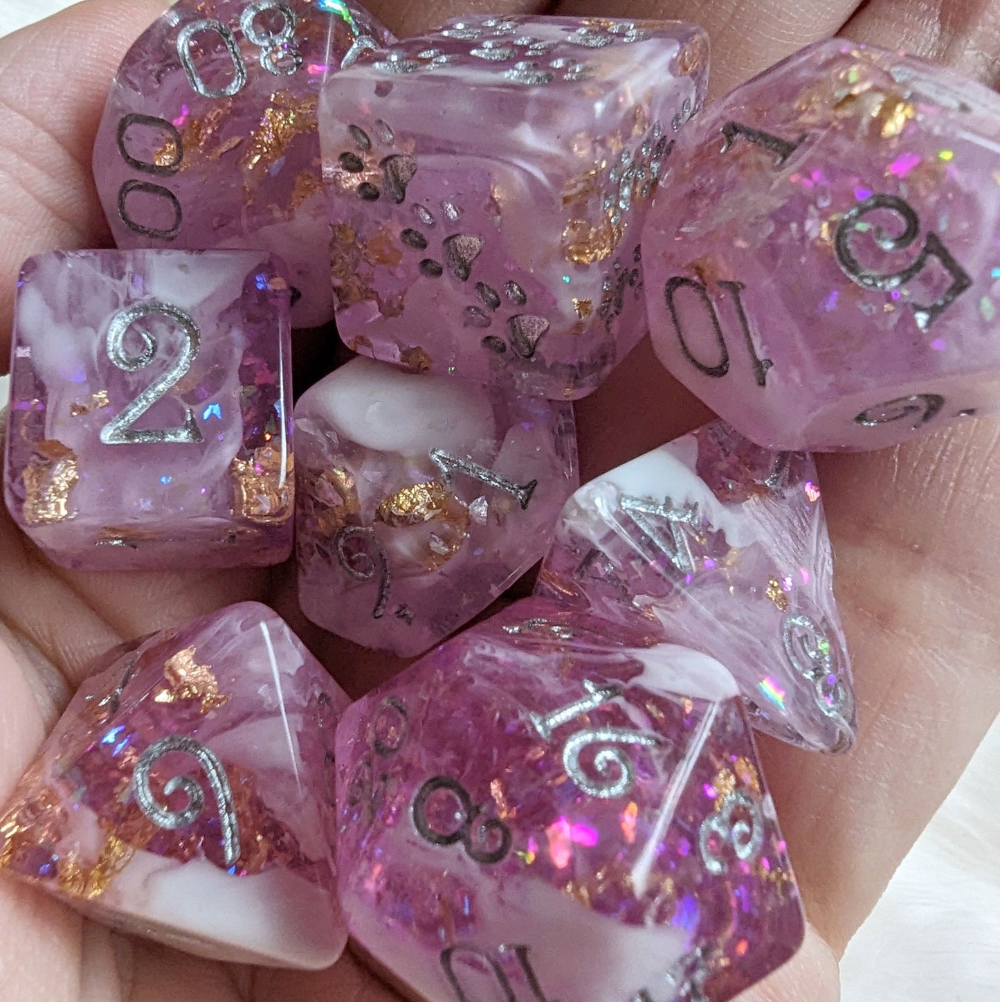 Mauve 8 Piece Dice Set. Clear Pink Purple and White Marble, with Glitter and Foil Dice sets Fennek and Finch