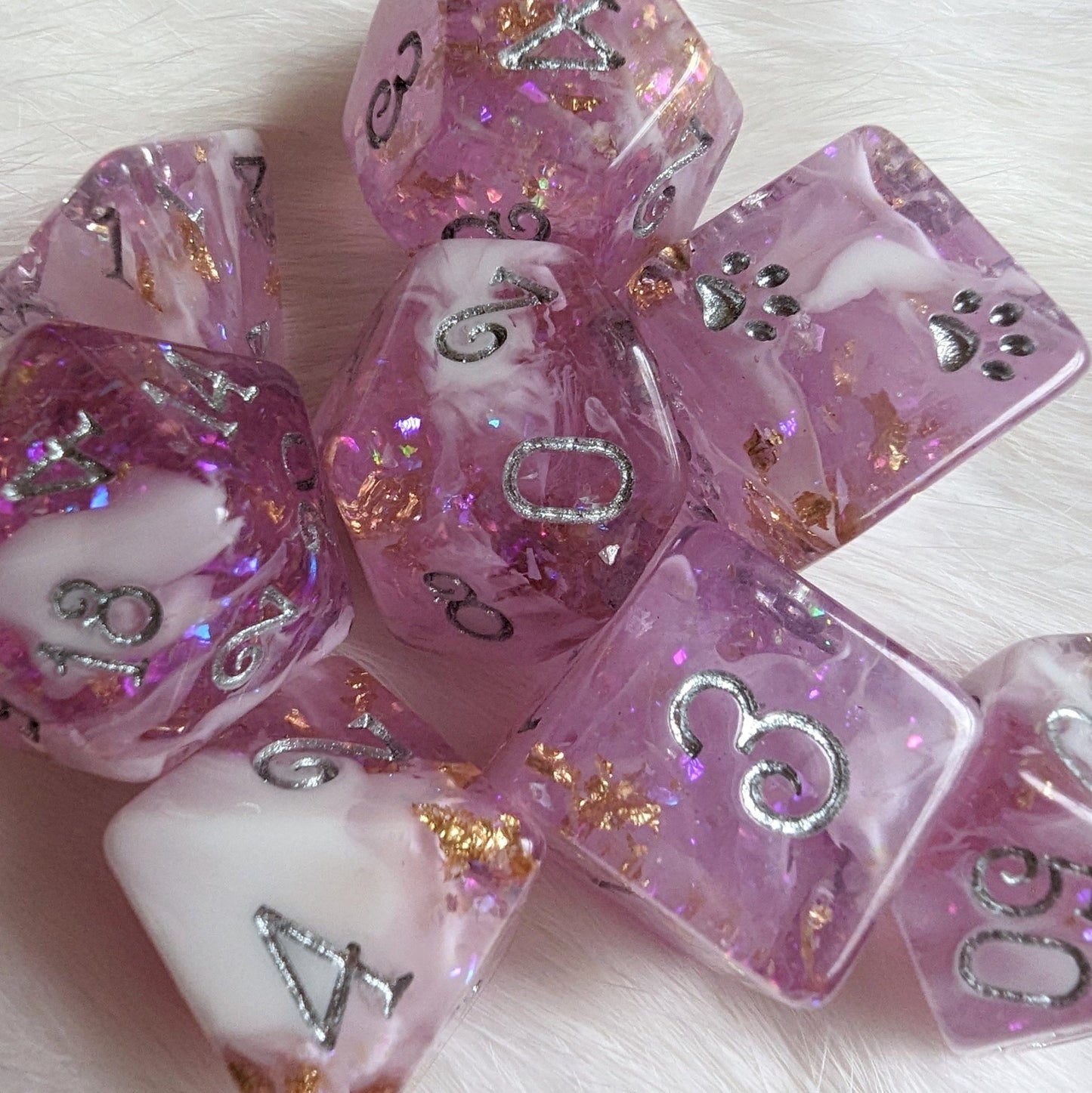 Mauve 8 Piece Dice Set – Clear Pink Purple White Marble Glitter Foil Paw Die - Fennek and Finch