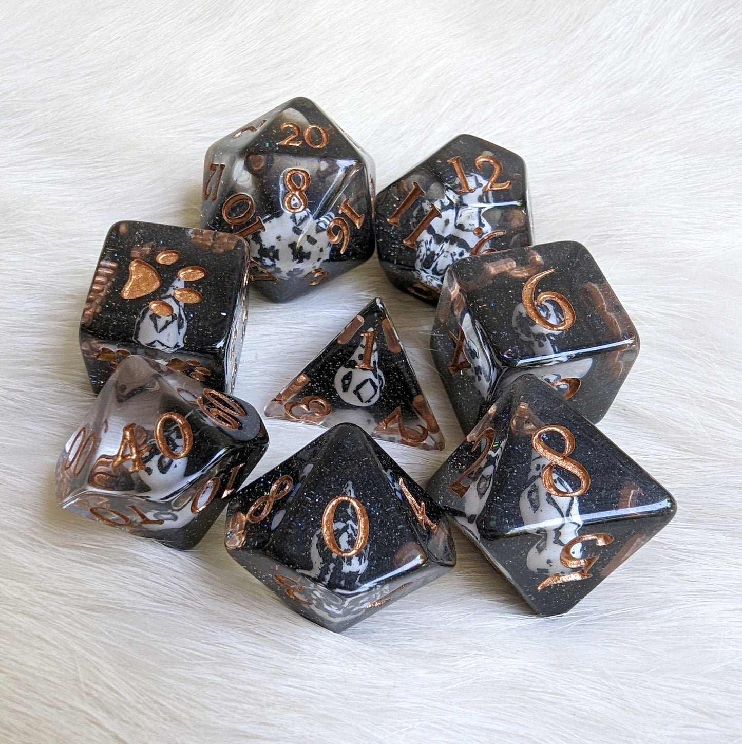 Mementos Dice Set - 8 Piece Raven Queen Themed Dice with Bird Skull Design and Glitter, Featuring Enchanting Fantasy Font