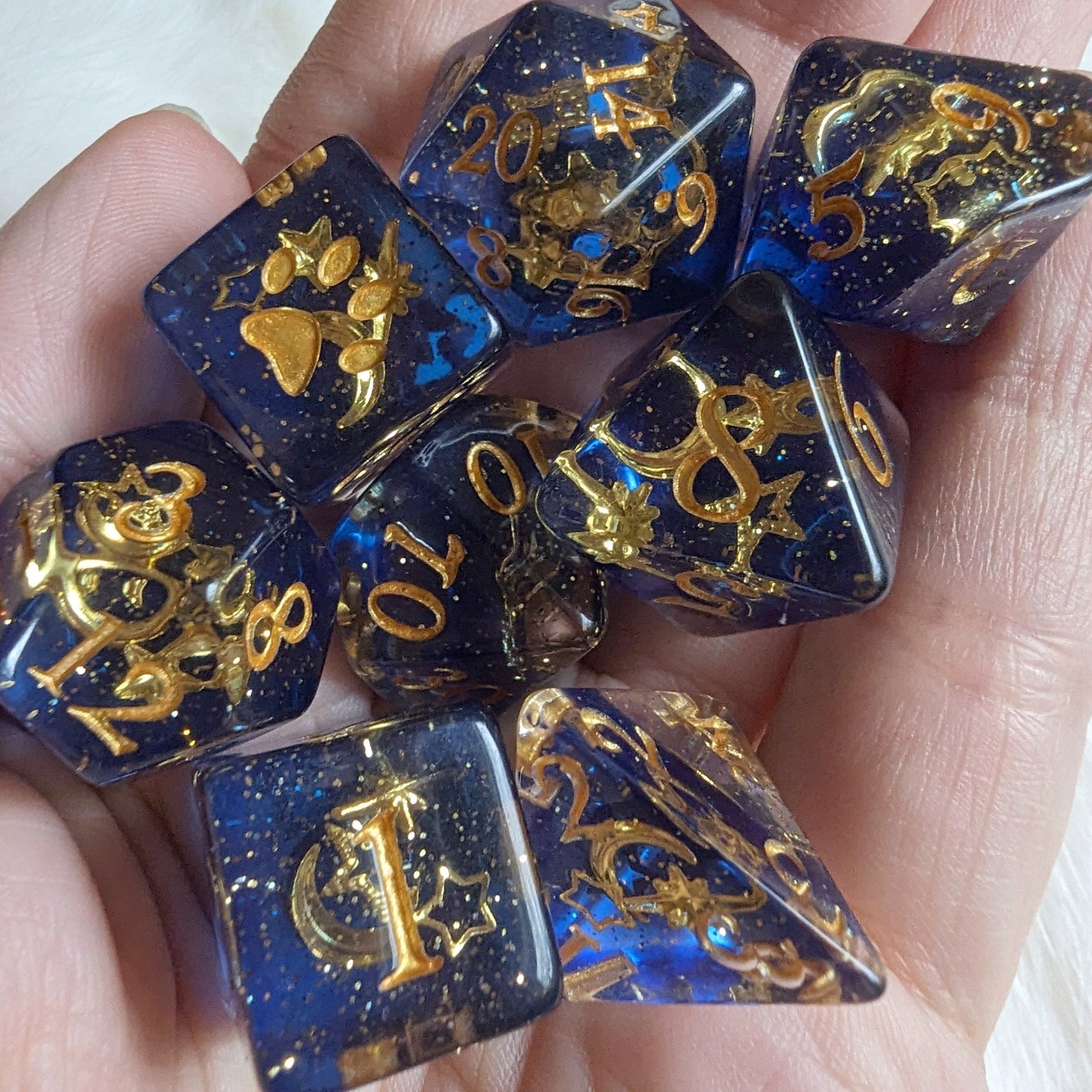 Moon and Stars Dice Set. 7 Piece Glittering Night Sky Dice sets Fennek and Finch