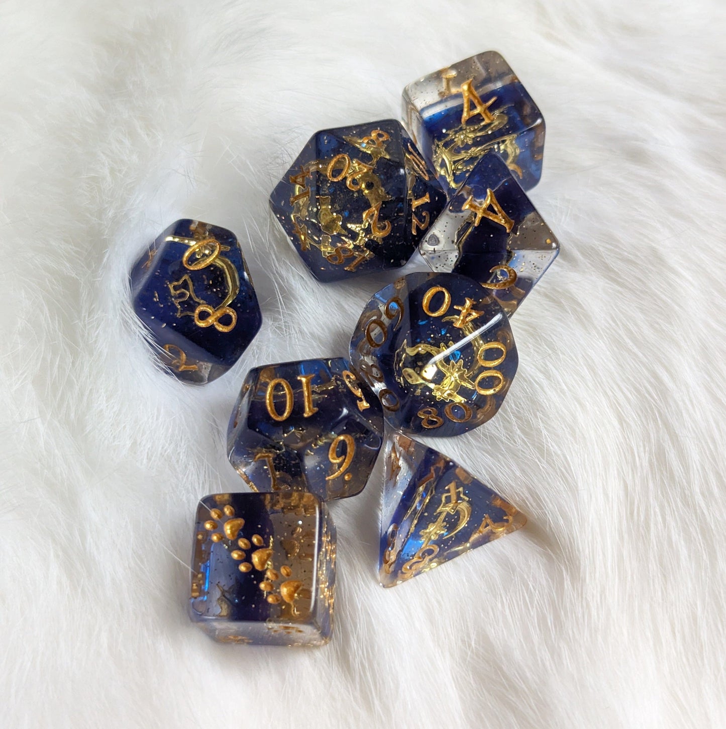 Moon and Stars Dice Set. 7 Piece Glittering Night Sky Dice sets Fennek and Finch