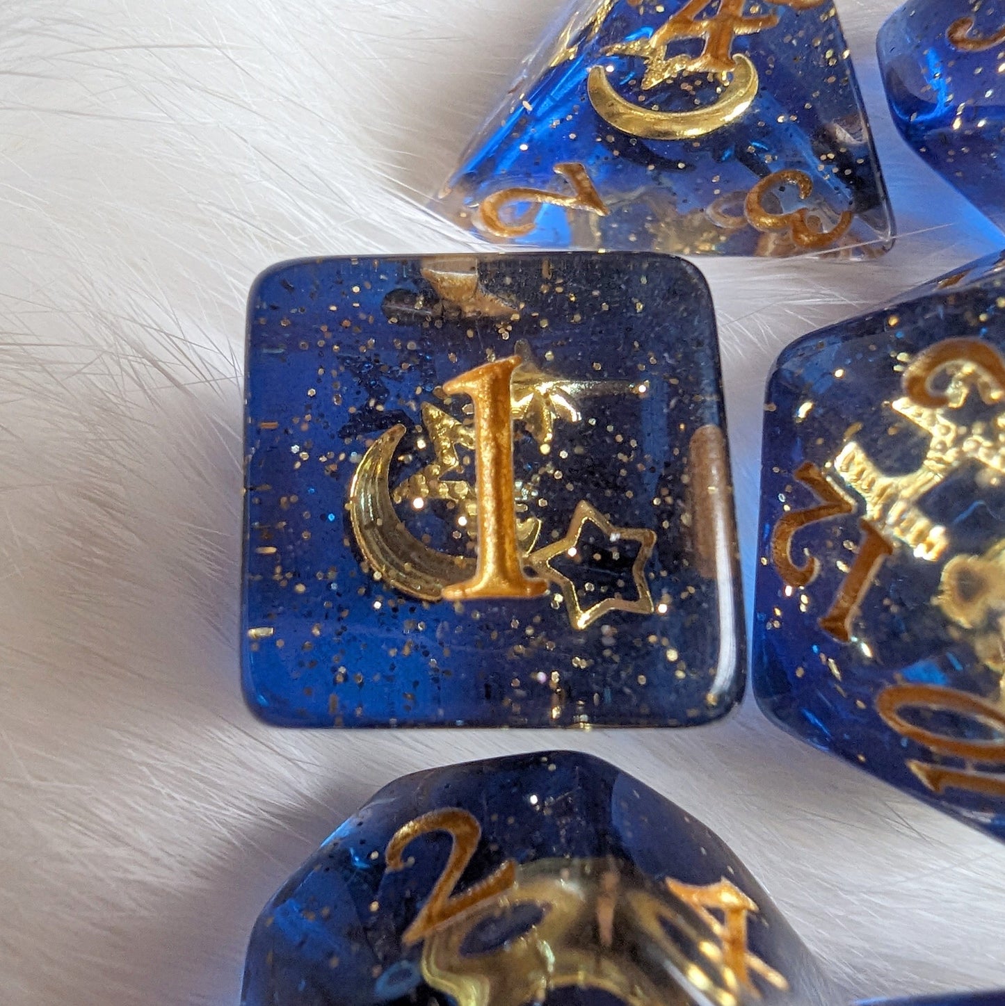 Moon and Stars Dice Set. 7 Piece Glittering Night Sky Dice sets Fennek and Finch