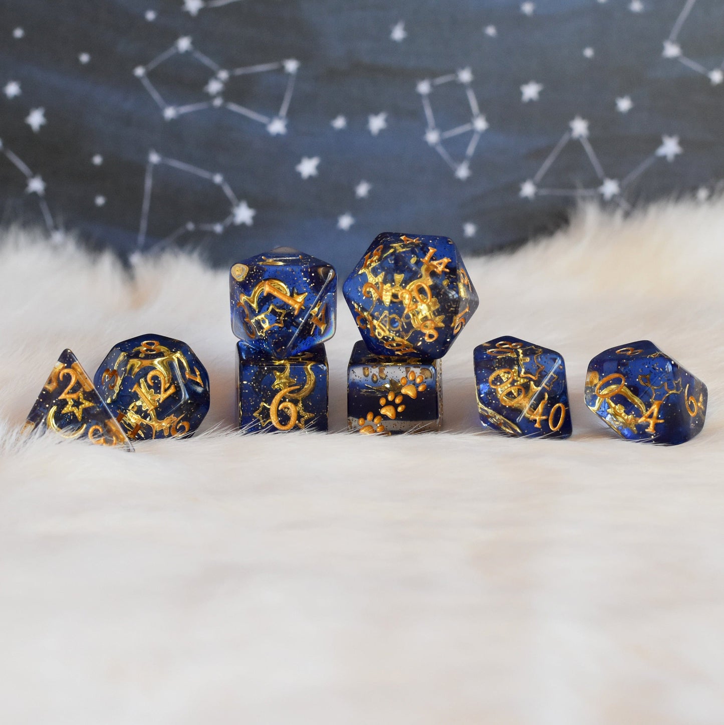 Moon and Stars Dice Set. 7 Piece Glittering Night Sky Dice sets Fennek and Finch