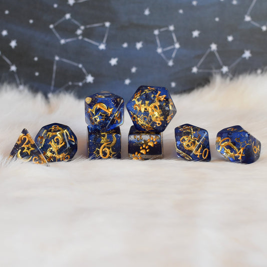 Moon and Stars Dice Set. 7 Piece Glittering Night Sky Dice sets Fennek and Finch