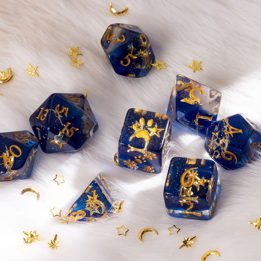 Moon and Stars Dice Set – 8-Piece Glittering Night Sky | Fennek & Finch Dice sets Fennek and Finch