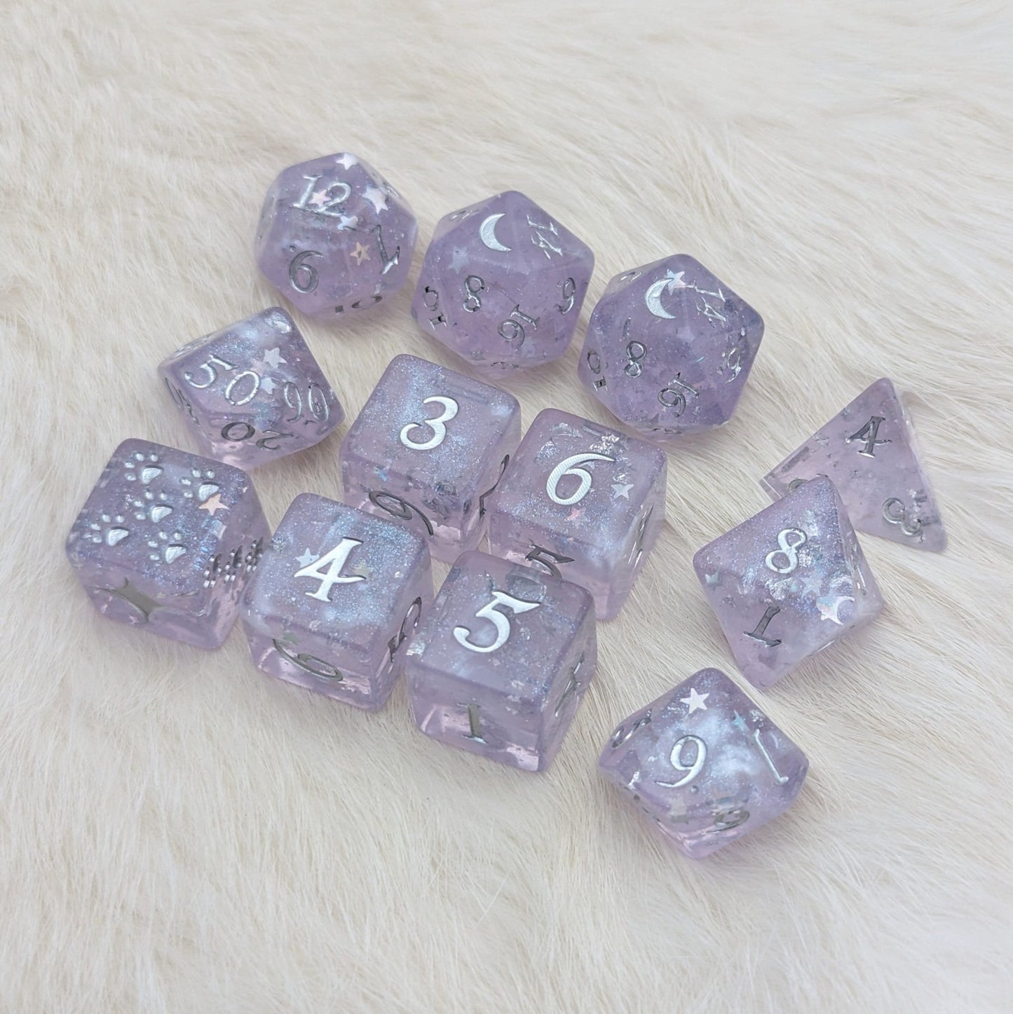 Moonbeam Dice Set – 12 - Piece White Pearl Shimmer DnD Dice with Paw D6 | Fennek & Finch - Fennek and Finch