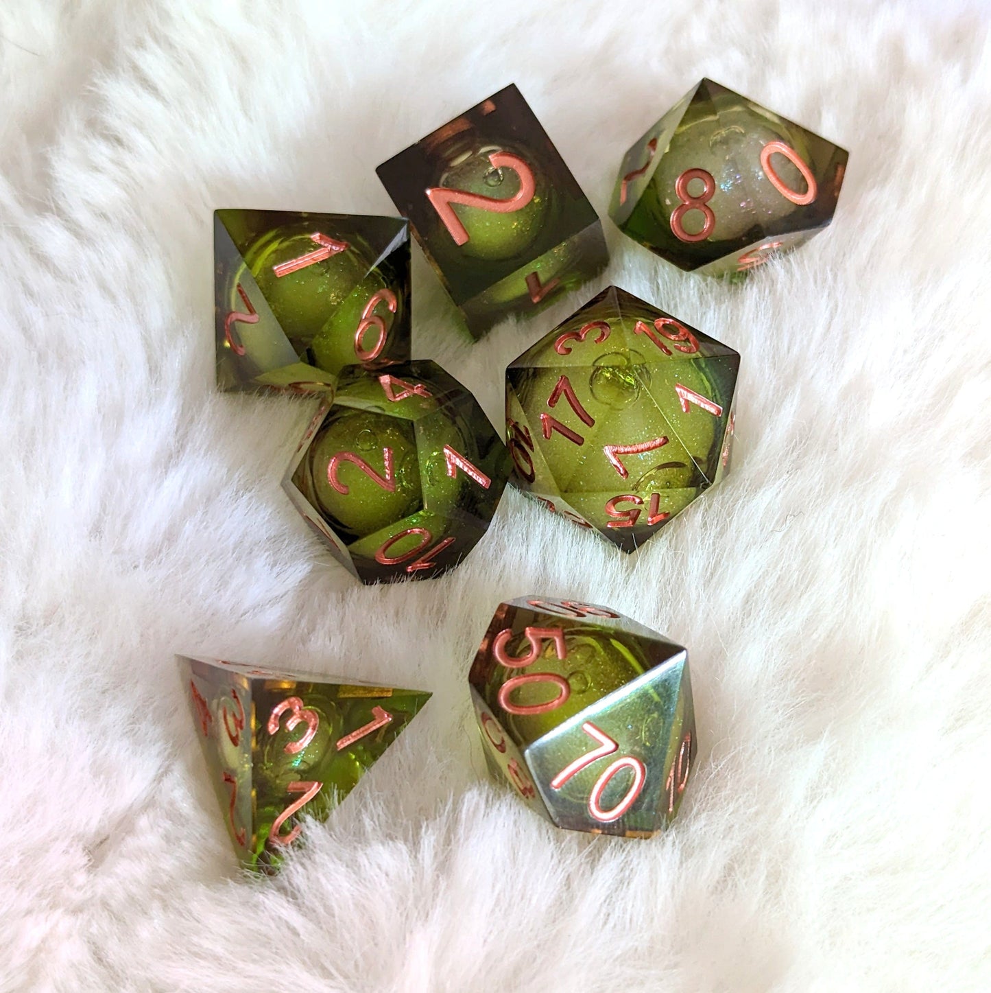 Moss and Earth Liquid Core Sharp Edge Resin DnD Dice Set Dice Sets & Games Fennek and Finch
