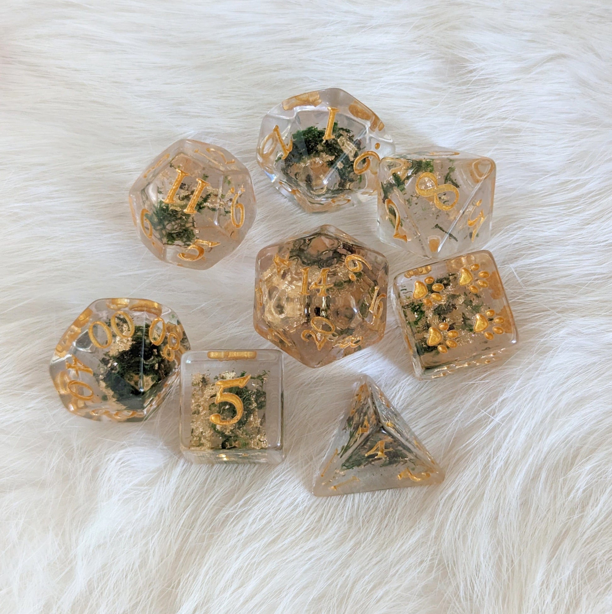 Moss and Gold Dice Set. 8 Piece real dried plants DND dice set Dice sets Fennek and Finch