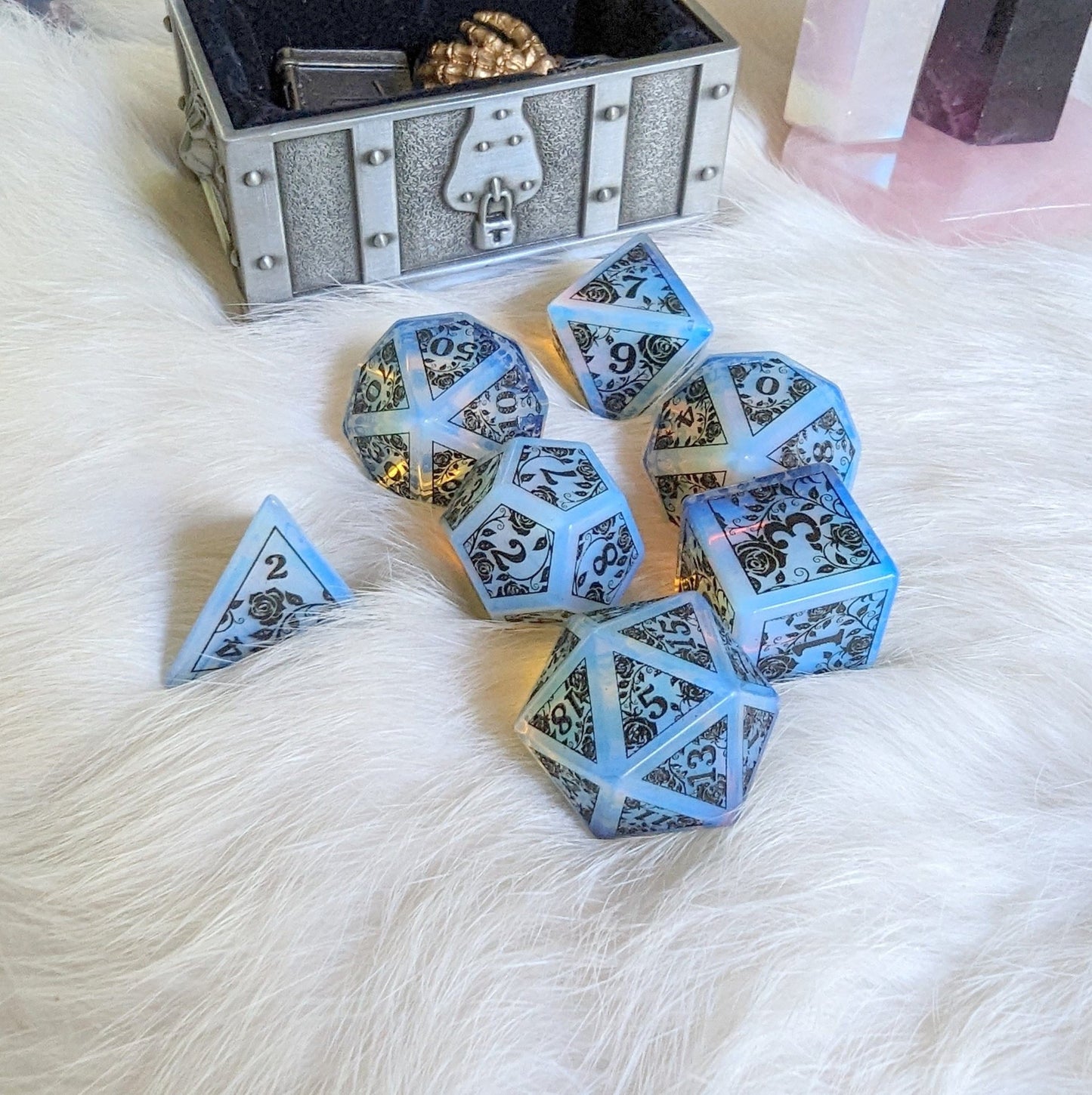Opalite Rose Dice Set – Engraved Gemstone DnD Dice with Black Font | Fennek & Finch - Fennek and Finch