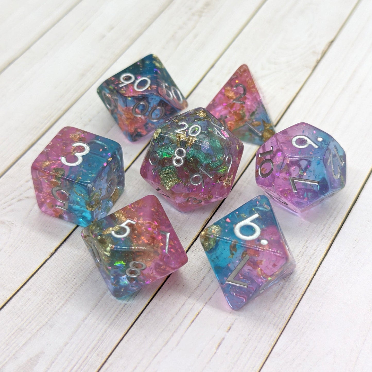 Pink and Blue Sparkles DnD Dice Set, Translucent Glitter layered Dice