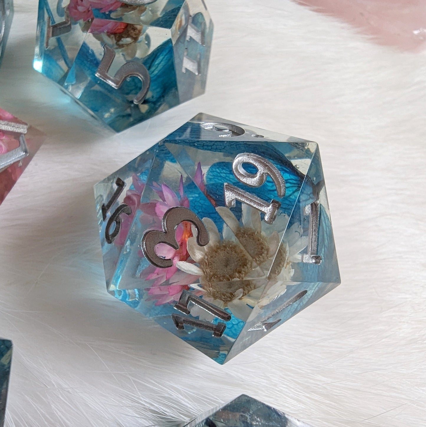 Pink, White, and Blue Flower DnD Dice Set Dice Sets & Games Fennek and Finch