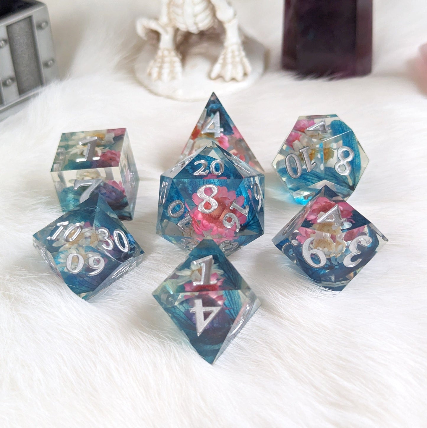 Pink, White, and Blue Flower DnD Dice Set Dice Sets & Games Fennek and Finch