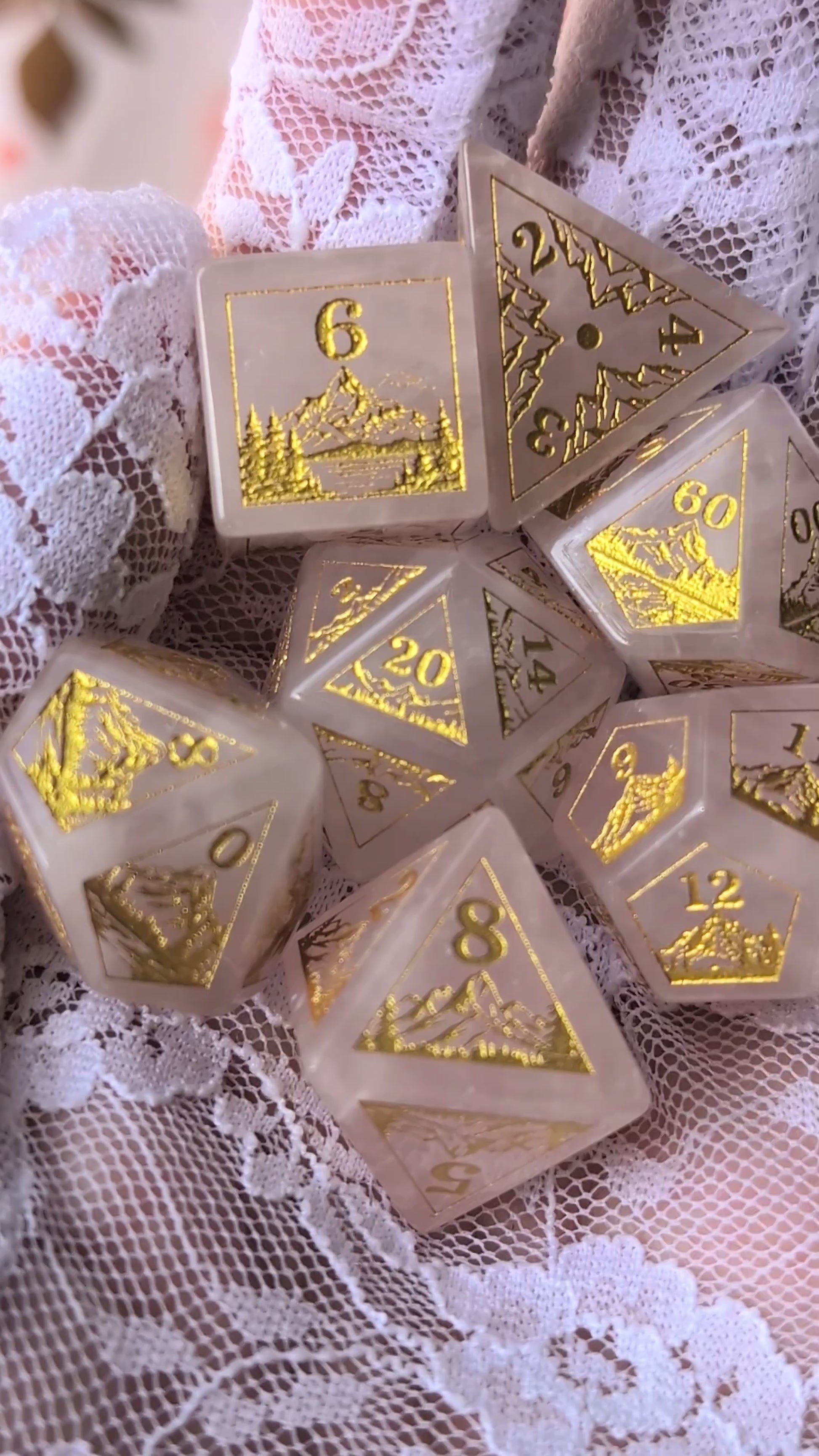 Everwild – Rose Quartz Gemstone Dice Set, Forest and Mountain Etched, TTRPG 7 Piece Dice Fennek and Finch