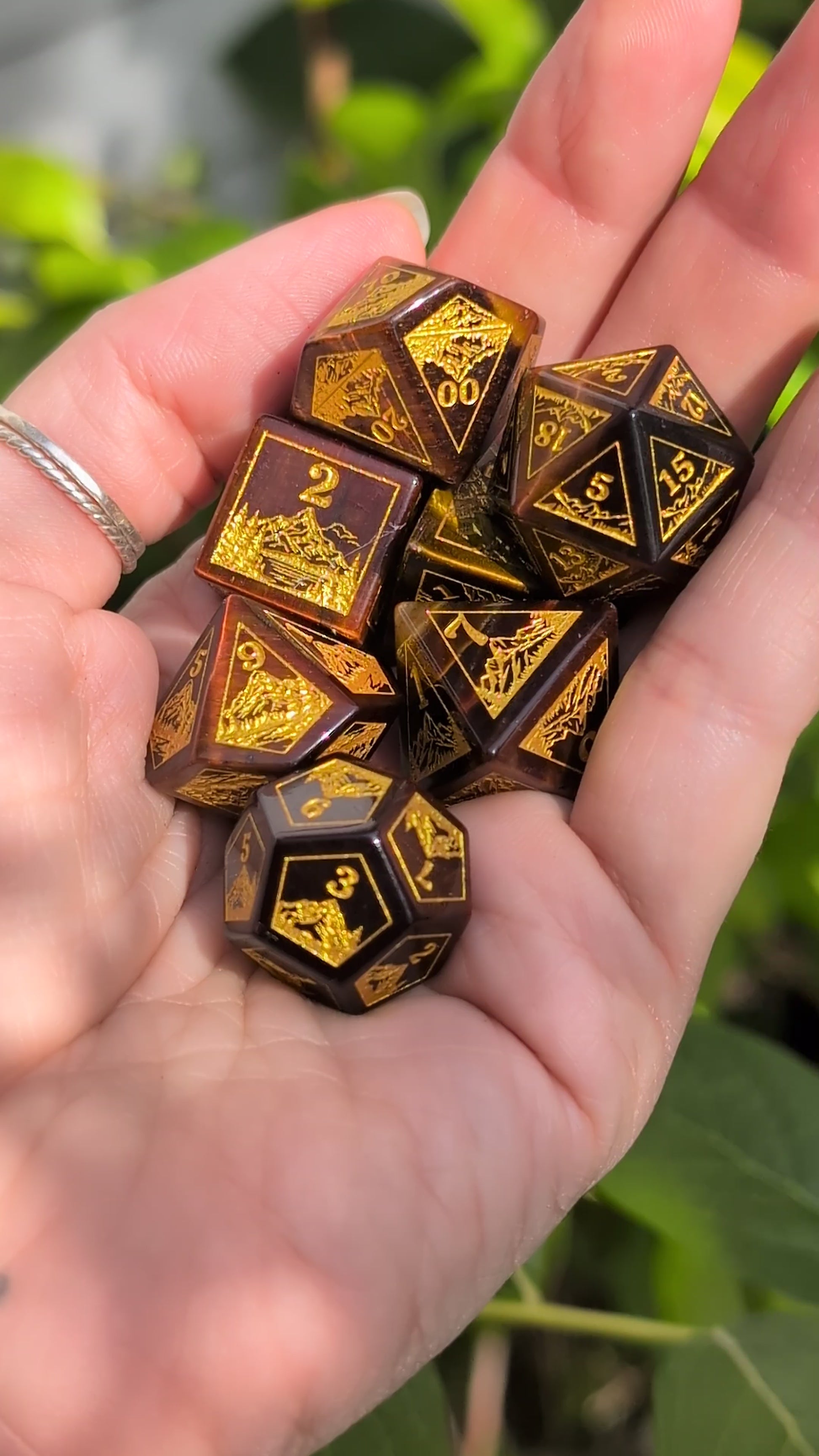 Everwild – Red Tiger Eye Gemstone Dice Set, Forest and Mountain Etched, TTRPG 7 Piece Dice Fennek and Finch