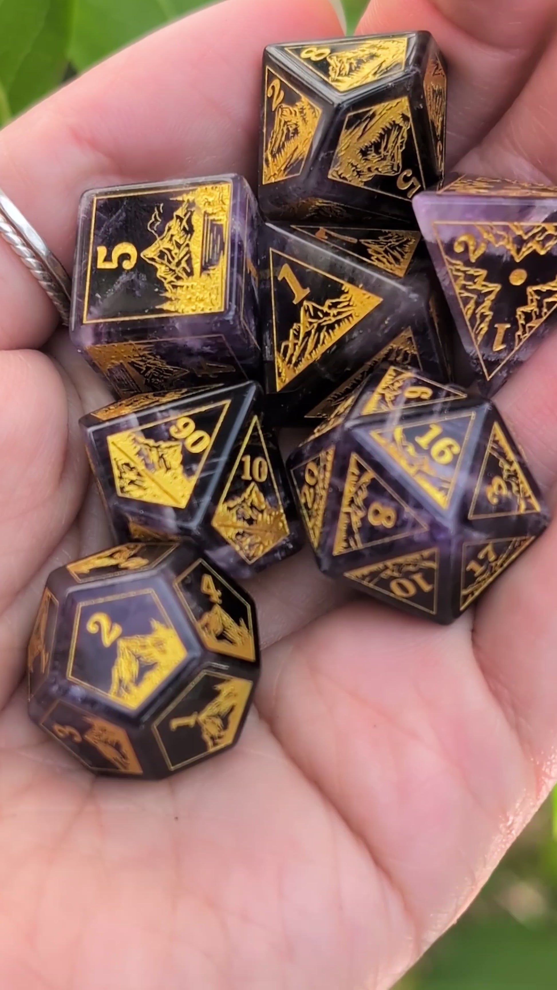 Everwild – Amethyst Gemstone Dice Set, Forest and Mountain Etched, TTRPG 7 Piece Dice Fennek and Finch
