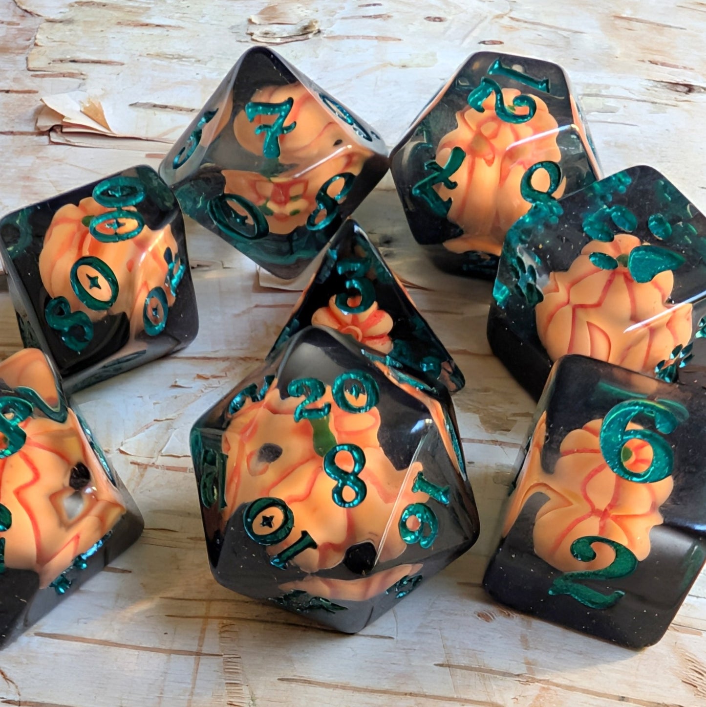 Pumpkin Inclusion DnD Dice Set – 8-Piece Black & Green with Pumpkins | Fennek & Finch Fennek and Finch