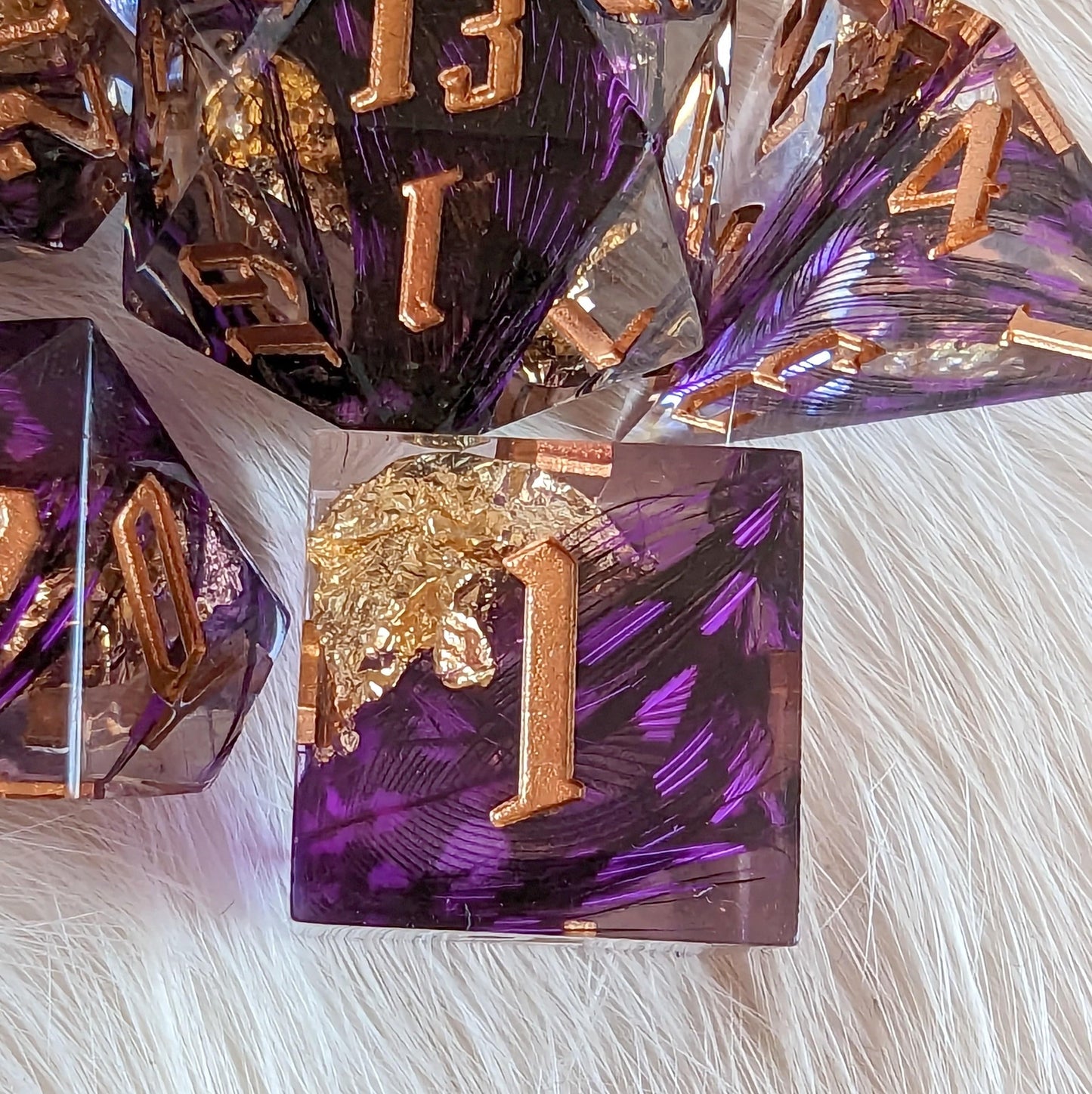 Purple Feather Sharp Edge Resin DnD Dice Set