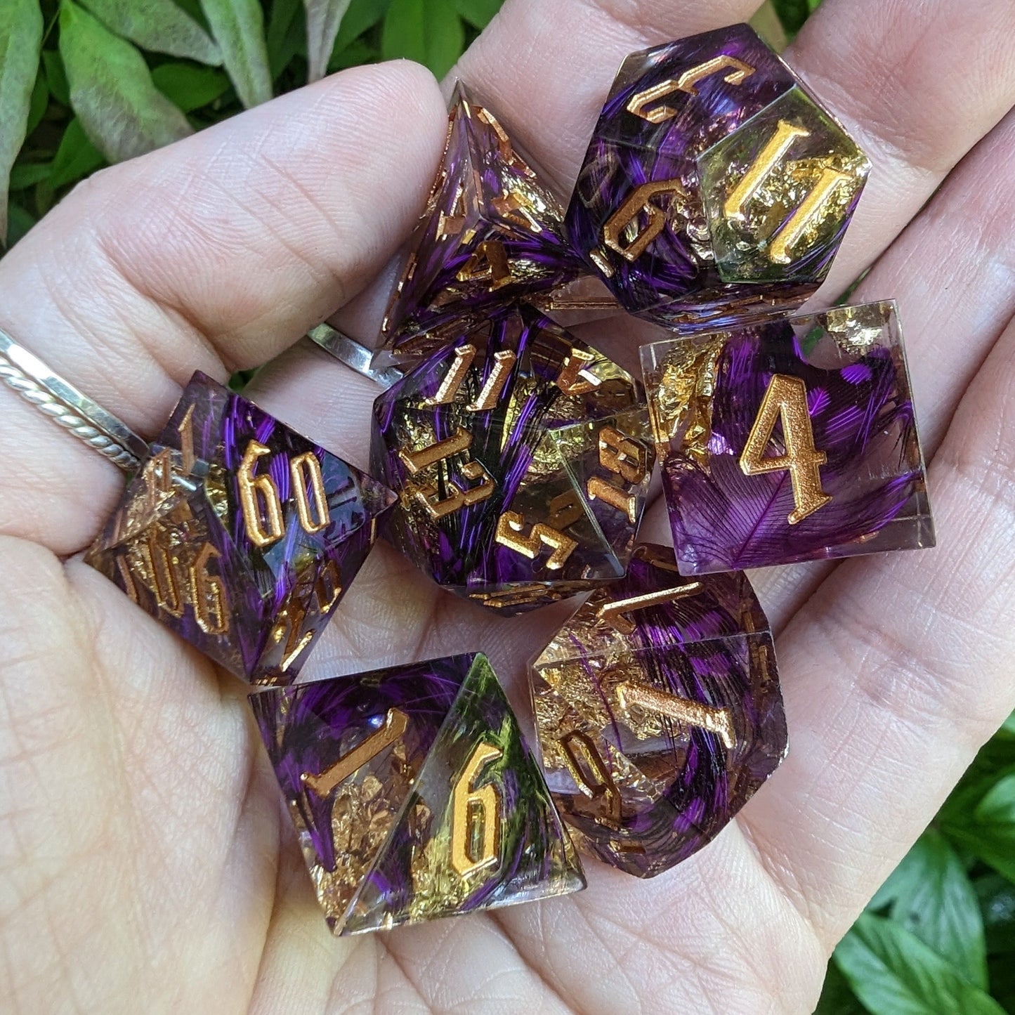 Purple Feather Sharp Edge Resin DnD Dice Set