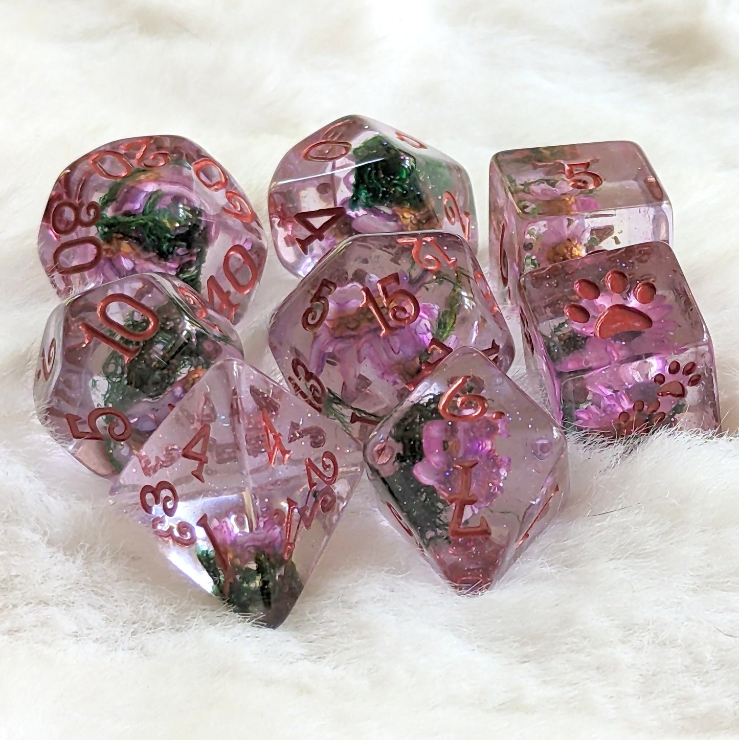 Purple Flowers and Moss Dice Set with Coppery Red Font, 8-Piece Polyhedral, Real Flowers and Moss in Purple Resin by Fennek and Finch