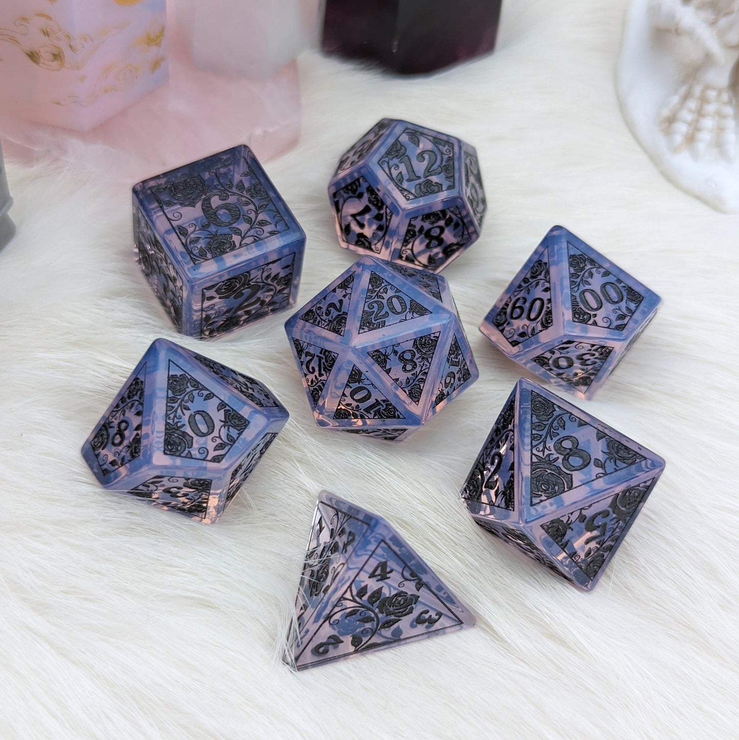 Purple Opalite Rose Dice Set with black engraved rose and vine designs, perfect for Dungeons & Dragons tabletop games.