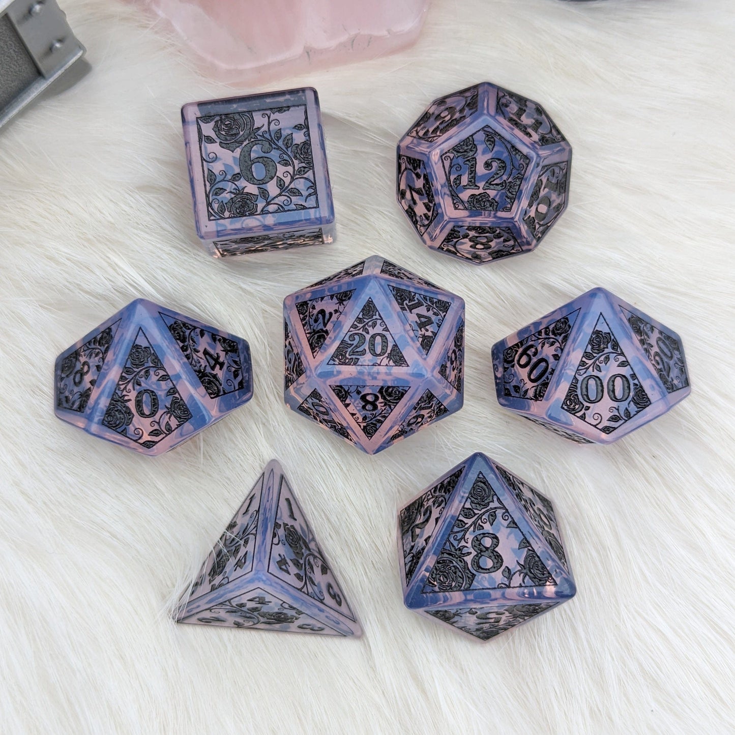 Purple Opalite Rose Dice Set featuring black rose and vine designs on opalite gemstone, perfect for Dungeons & Dragons enthusiasts.
