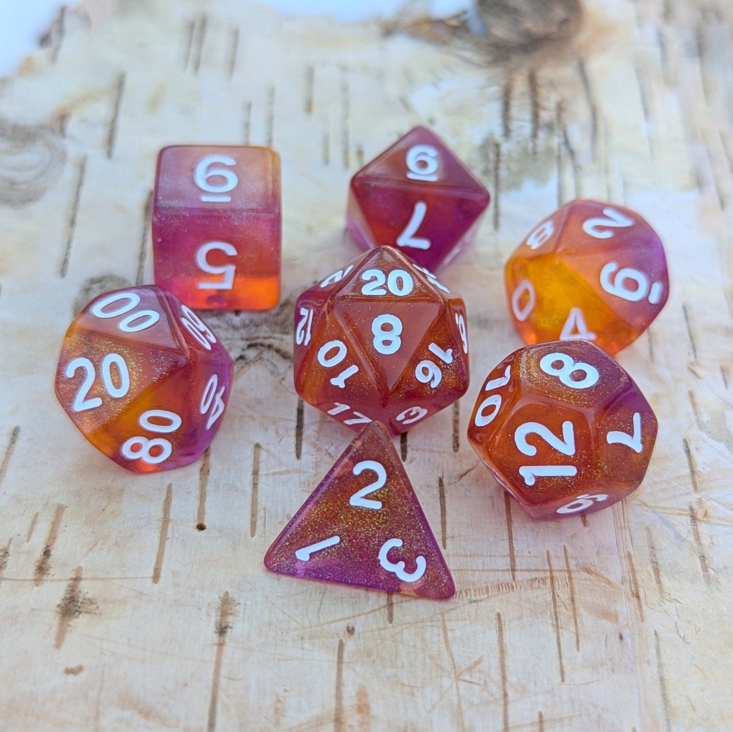 Purple Orange Will O Wisp Dice Set – 7 - Piece Acrylic Shimmer Glitter DnD Dice - Fennek and Finch