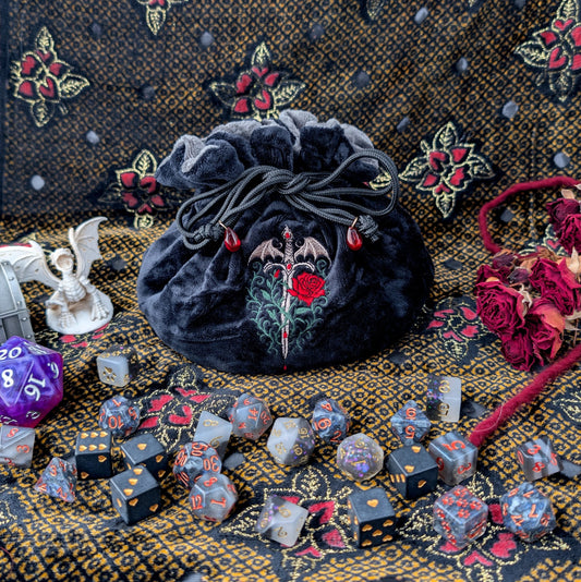 Vampire Plush Dice Bag – Black & Dark Grey Embroidered Drawstring Pouch