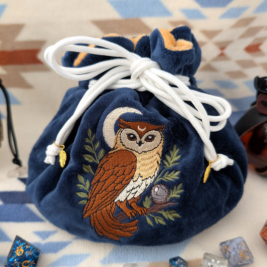 Owl Plush Dice Bag – Navy Blue & Auburn Embroidered Drawstring Pouch