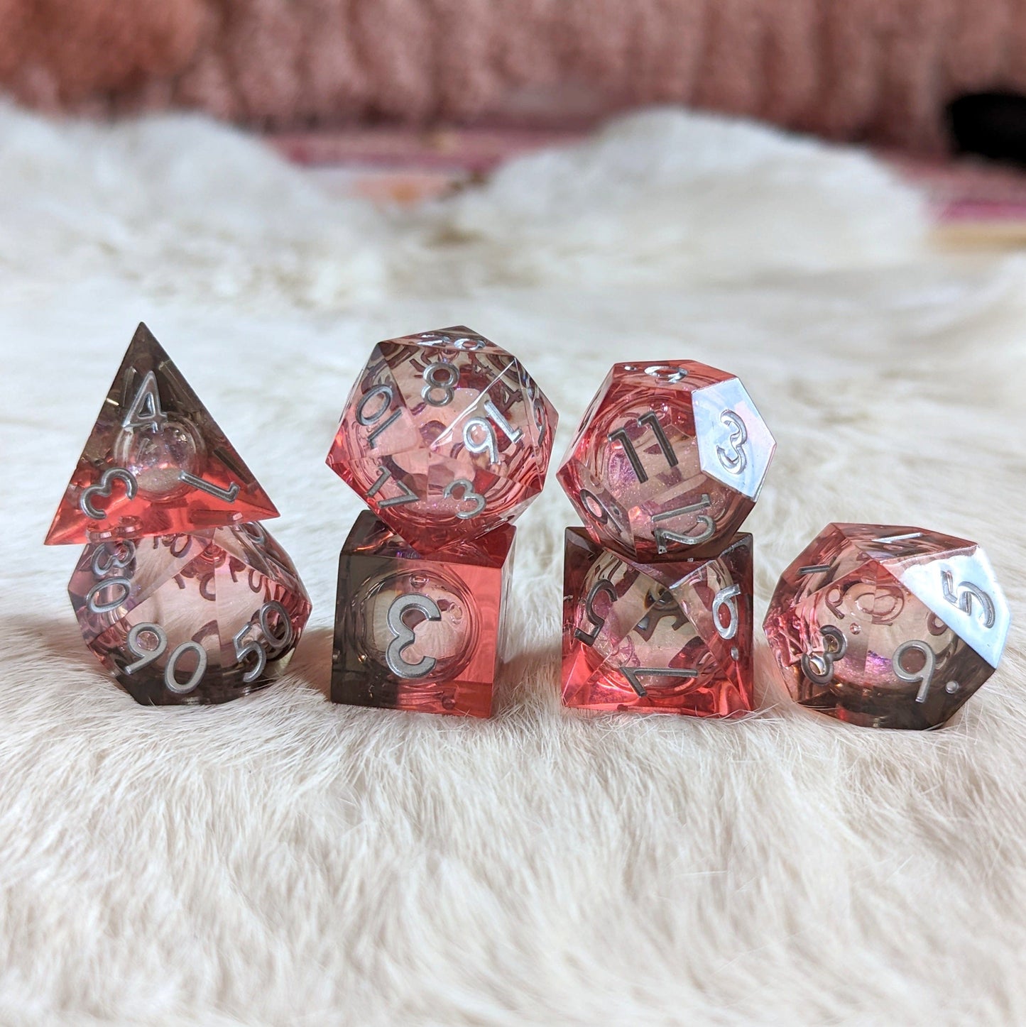 Red and Black Liquid Core Sharp Edge Resin DnD Dice Set