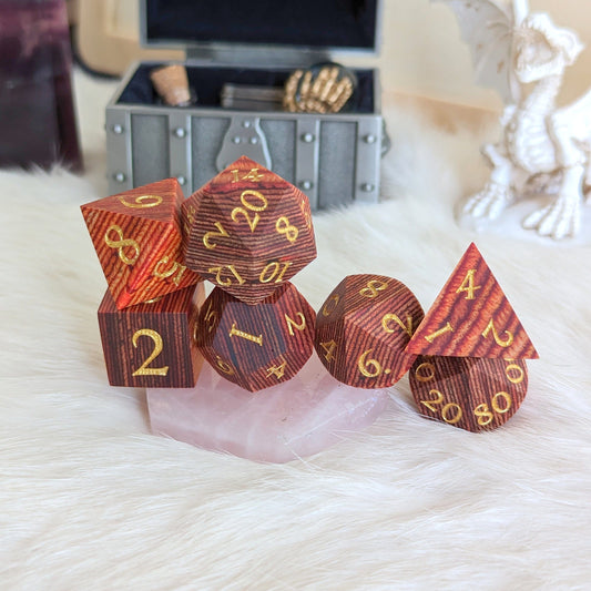 Red and Brown Stripe Wood Dice Set