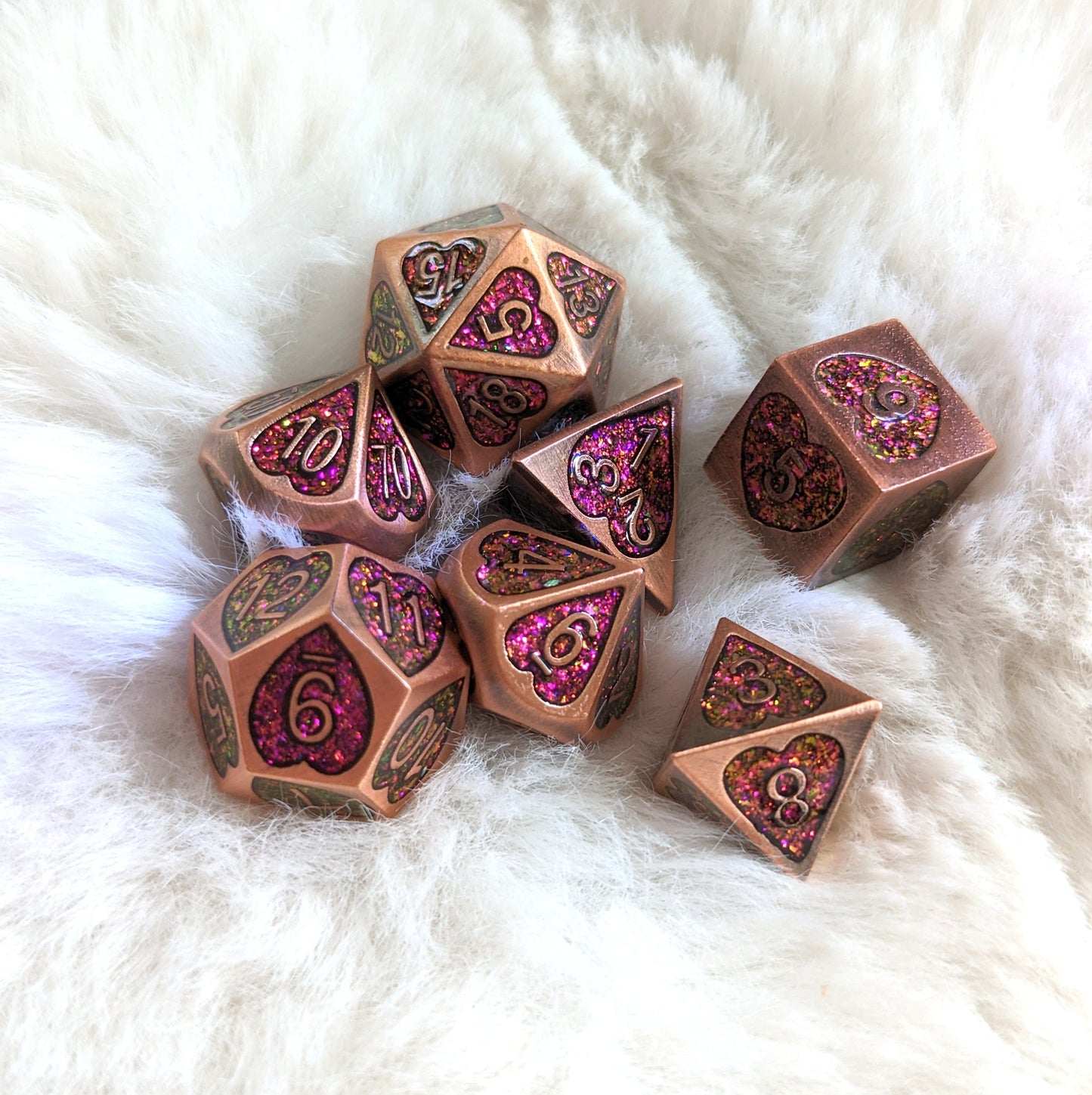 Romance Addict Metal Dice Set Copper and Pink