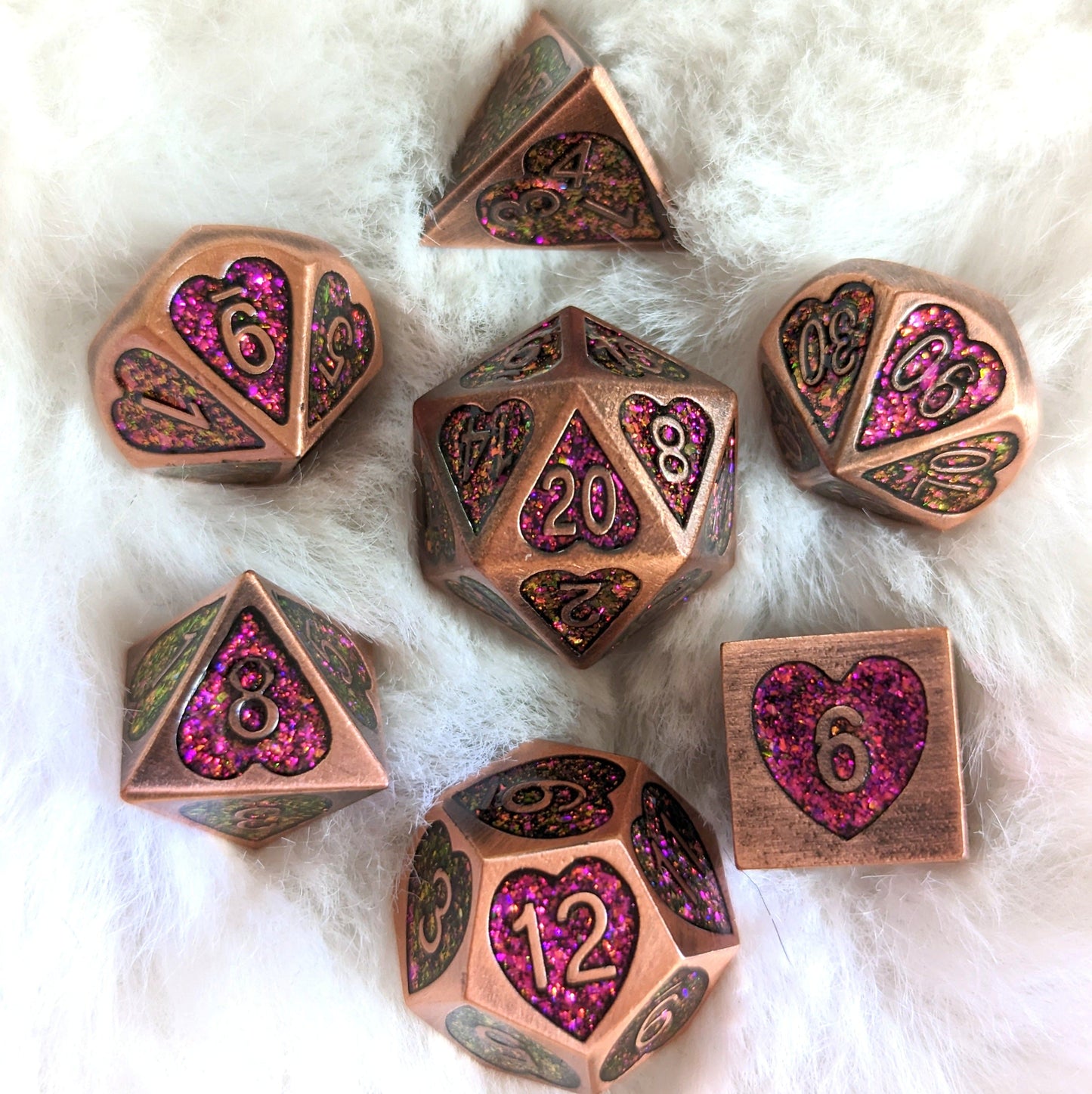 Romance Addict Metal Dice Set Copper and Pink Antiqued Copper