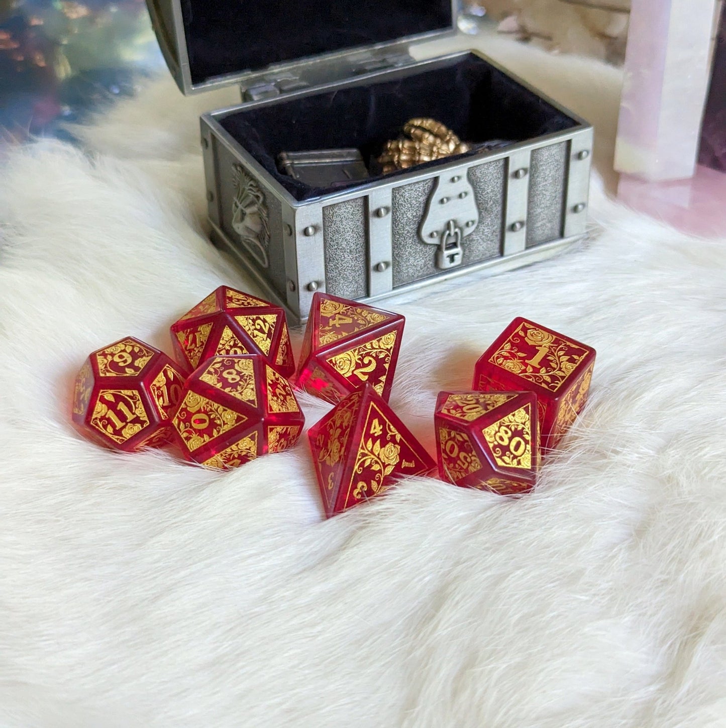 Rose Red Glass Dice Set – Engraved Gemstone DnD Dice with Gold Font | Fennek & Finch Dice Sets & Games Fennek and Finch