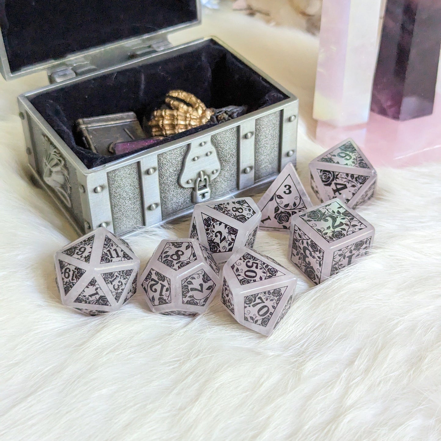 Roses on Quartz Dice Set with Black Font Dice Sets & Games Fennek and Finch